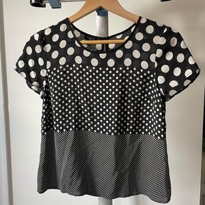 Talbots Women’s black and white polkadot 100% silk shirt, size 2P